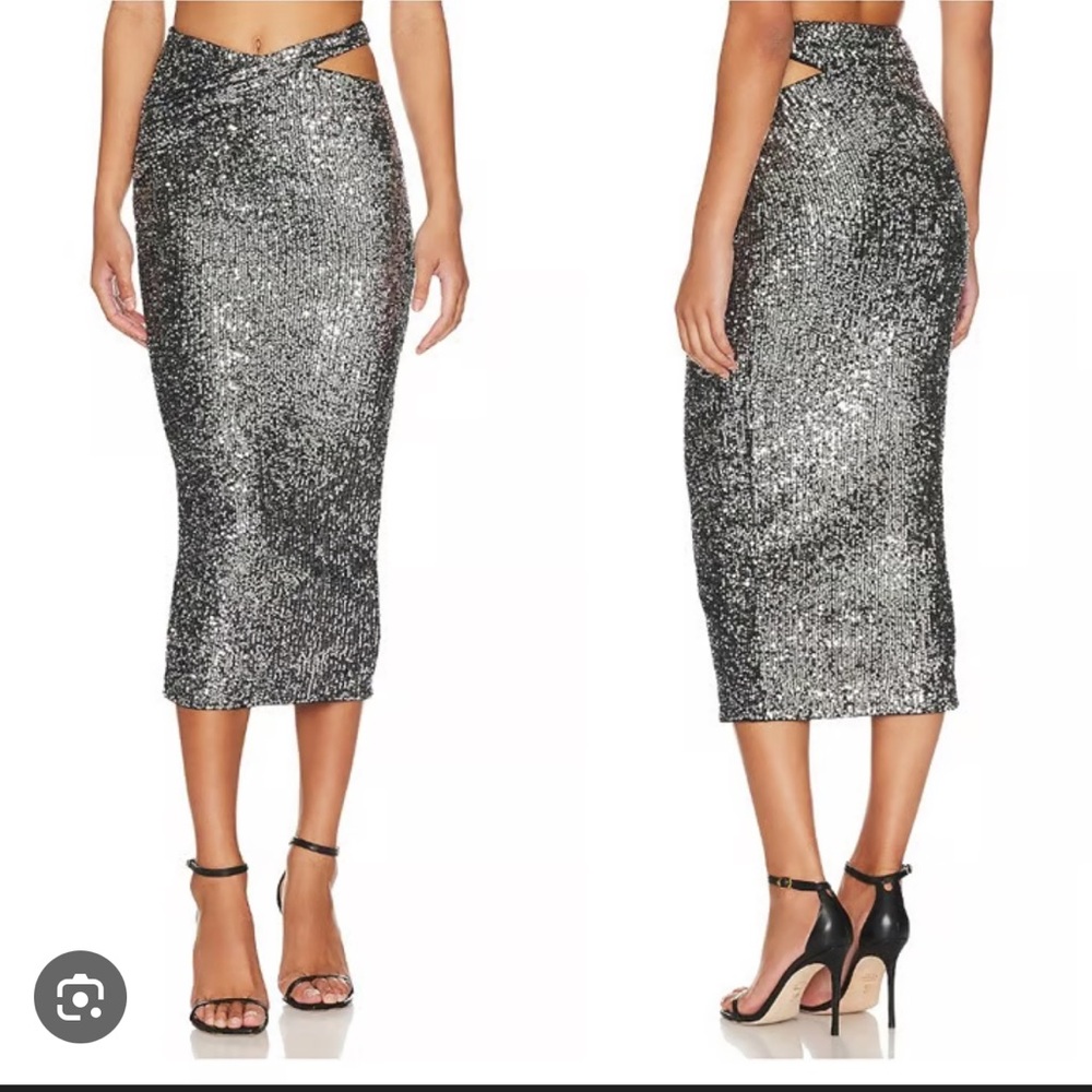NBD Lidoine Midi Skirt In Metallic Silver Shiny Sequins